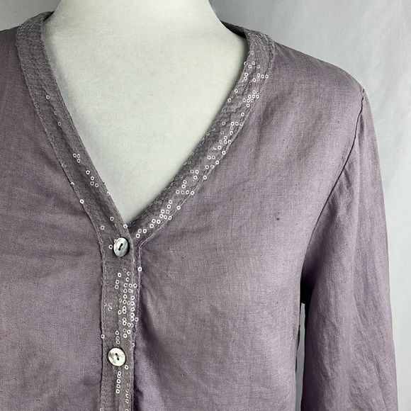 Charlie B Lavender Linen Sequin Button Front Lace Blouse Top Italy Size S - Picture 2 of 12